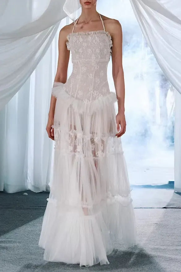 Hermosa Lace Splicing Layer Maxi Dress In White Flowering Girl