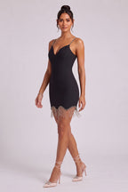 Black Structured Stretch Woven Bodycon Mini Dress with Rhinestone Fringe Flowering Girl