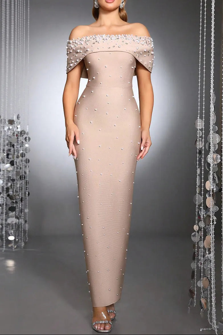 Belen Pearl Beaded Strapless Maxi Bandage Dress In Apricot Flowering Girl