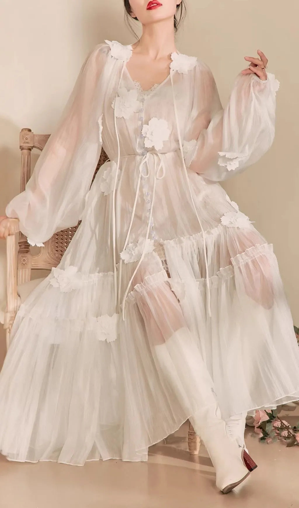 Fayre White Flower Embroidery Midi Dress Flowering Girl
