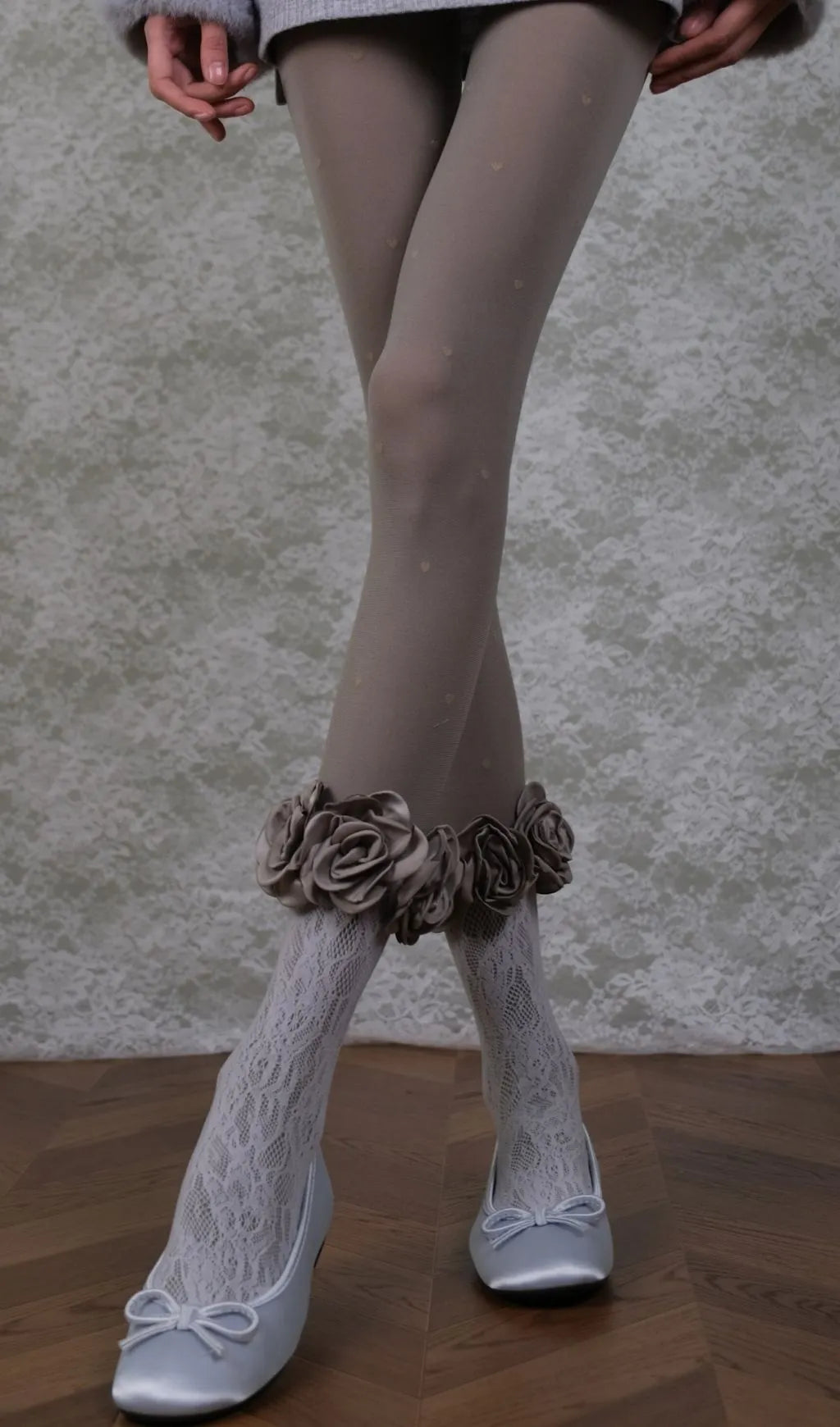 Grey Tights & Rose Lace Socks Set Flowering Girl