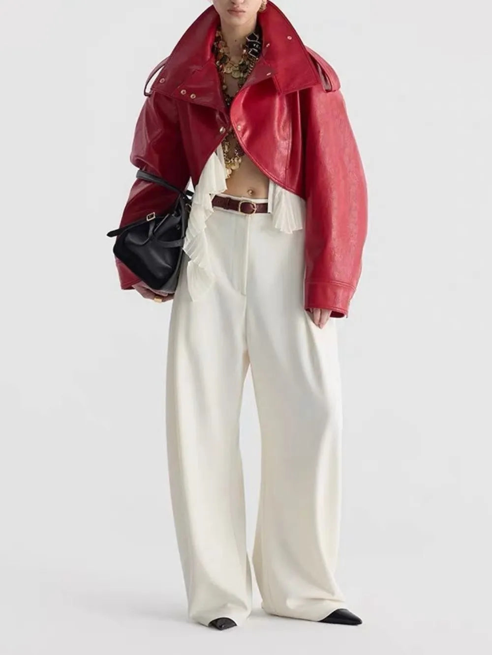 Maysa Red PU Leather Ruffle Jacket Flowering Girl