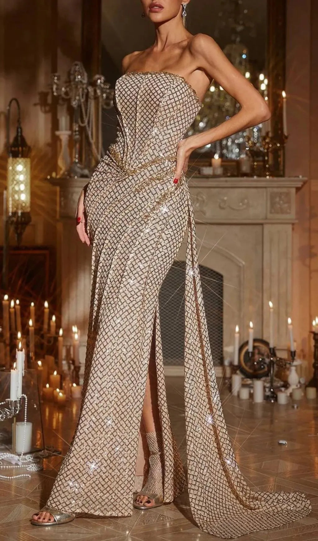 Doveva Champagne Strapless Sequin Maxi Dress