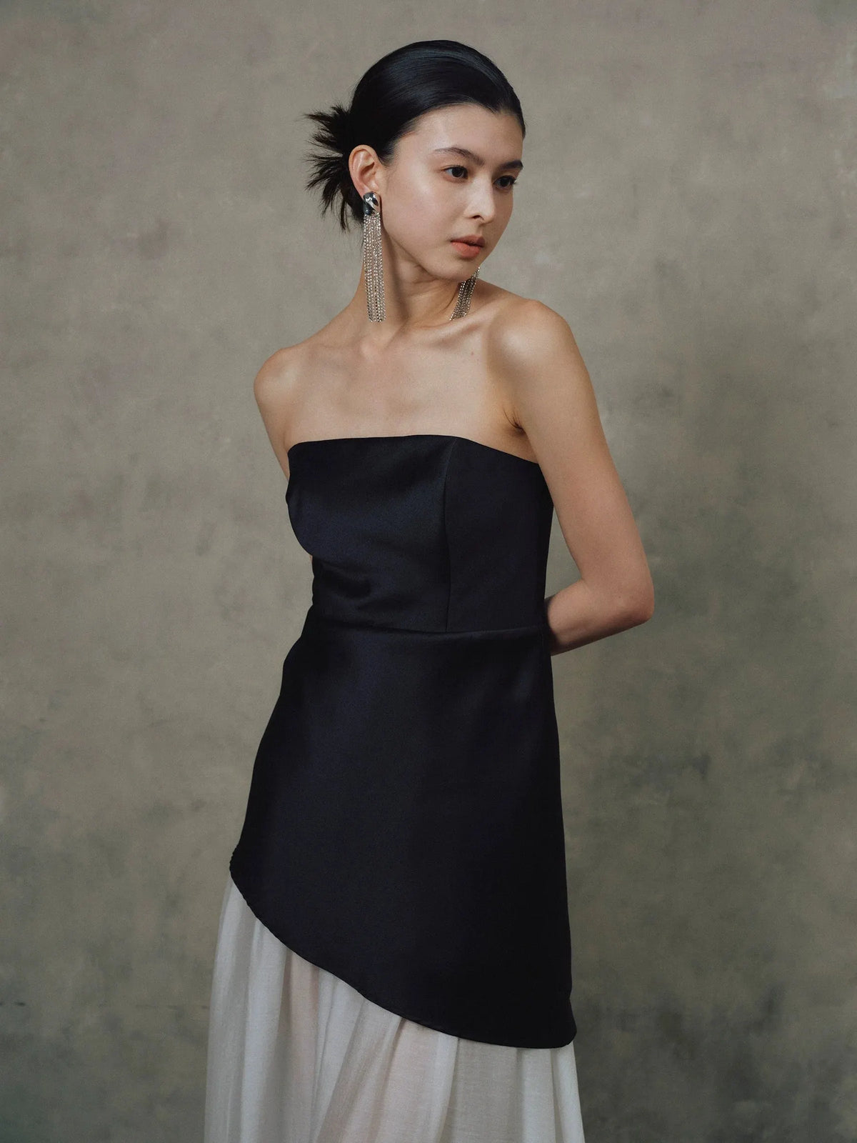 Satin Spliced Tulle Strapless Maxi Dress - White Flowering Girl