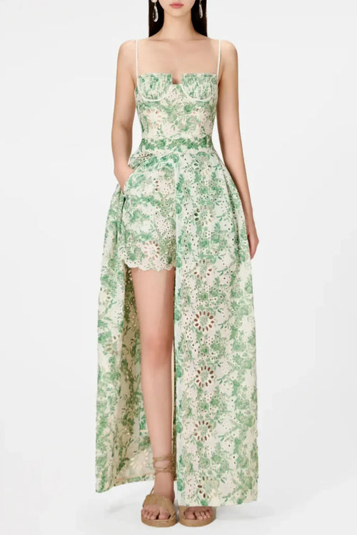 Abetzi Floral Embroidered Shorts & Maxi Dress Set - Green Flowering Girl