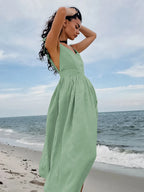 Cotton Linen Backless Strap Midi Dress Flowering Girl