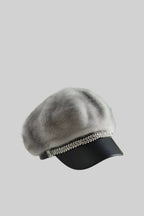Mink Fur Hat With Leather Visor - Gray Flowering Girl