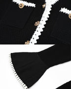 Black Heavy Compact Knit Fit-and-Flare Dress with White Scalloped Trim Flowering Girl