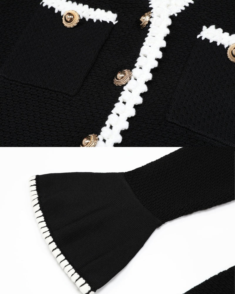 Black Heavy Compact Knit Fit-and-Flare Dress with White Scalloped Trim Flowering Girl