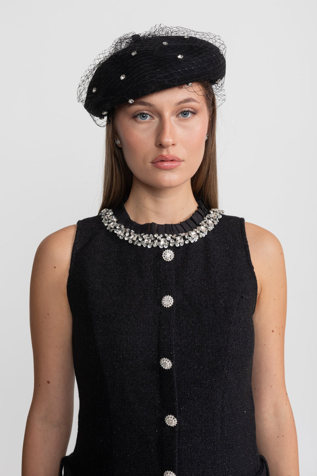 Embellished Wool Beret with Veil – Black Flowering Girl