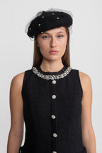 Embellished Wool Beret with Veil – Black Flowering Girl