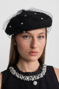 Embellished Wool Beret with Veil – Black Flowering Girl