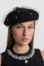Embellished Wool Beret with Veil – Black Flowering Girl