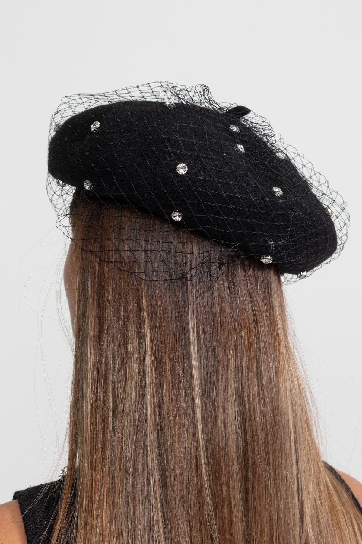 Embellished Wool Beret with Veil – Black Flowering Girl