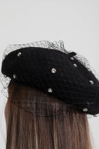 Embellished Wool Beret with Veil – Black Flowering Girl