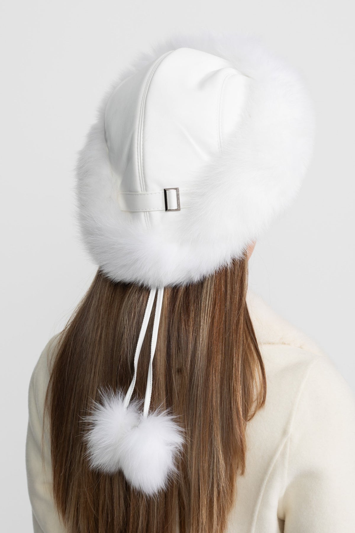 Real Fox Fur Trimmed Hat With Pom-Pom Ties – White Flowering Girl