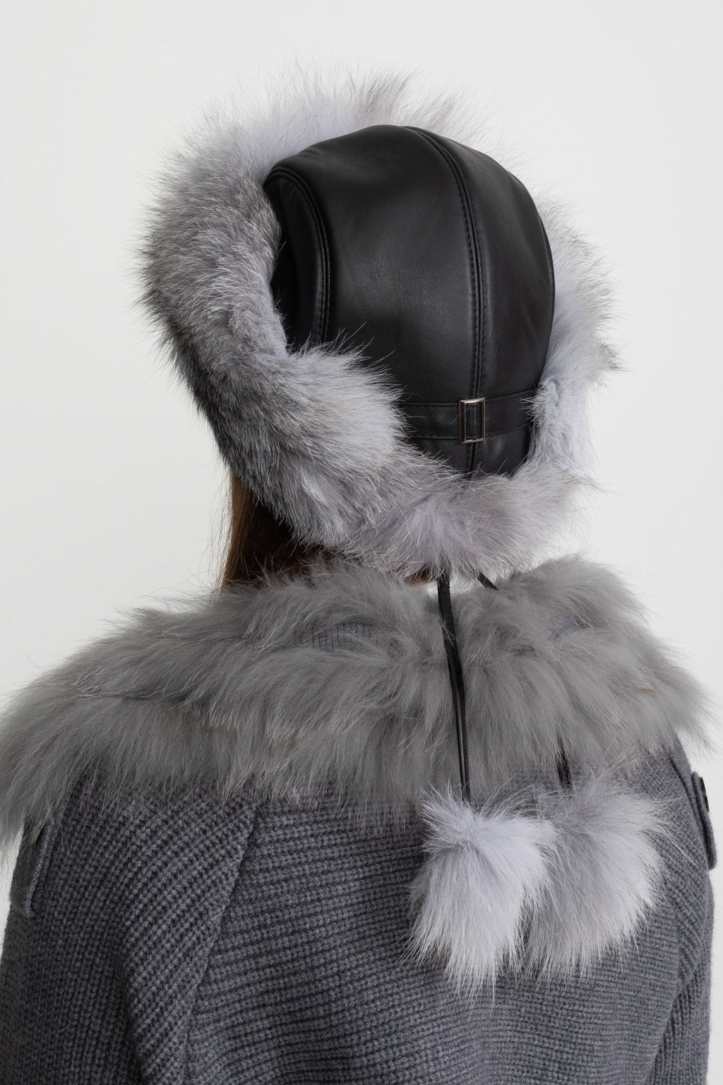 Real Fox Fur Trimmed Hat With Pom-Pom Ties – Grey Flowering Girl