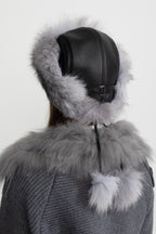 Real Fox Fur Trimmed Hat With Pom-Pom Ties – Grey Flowering Girl