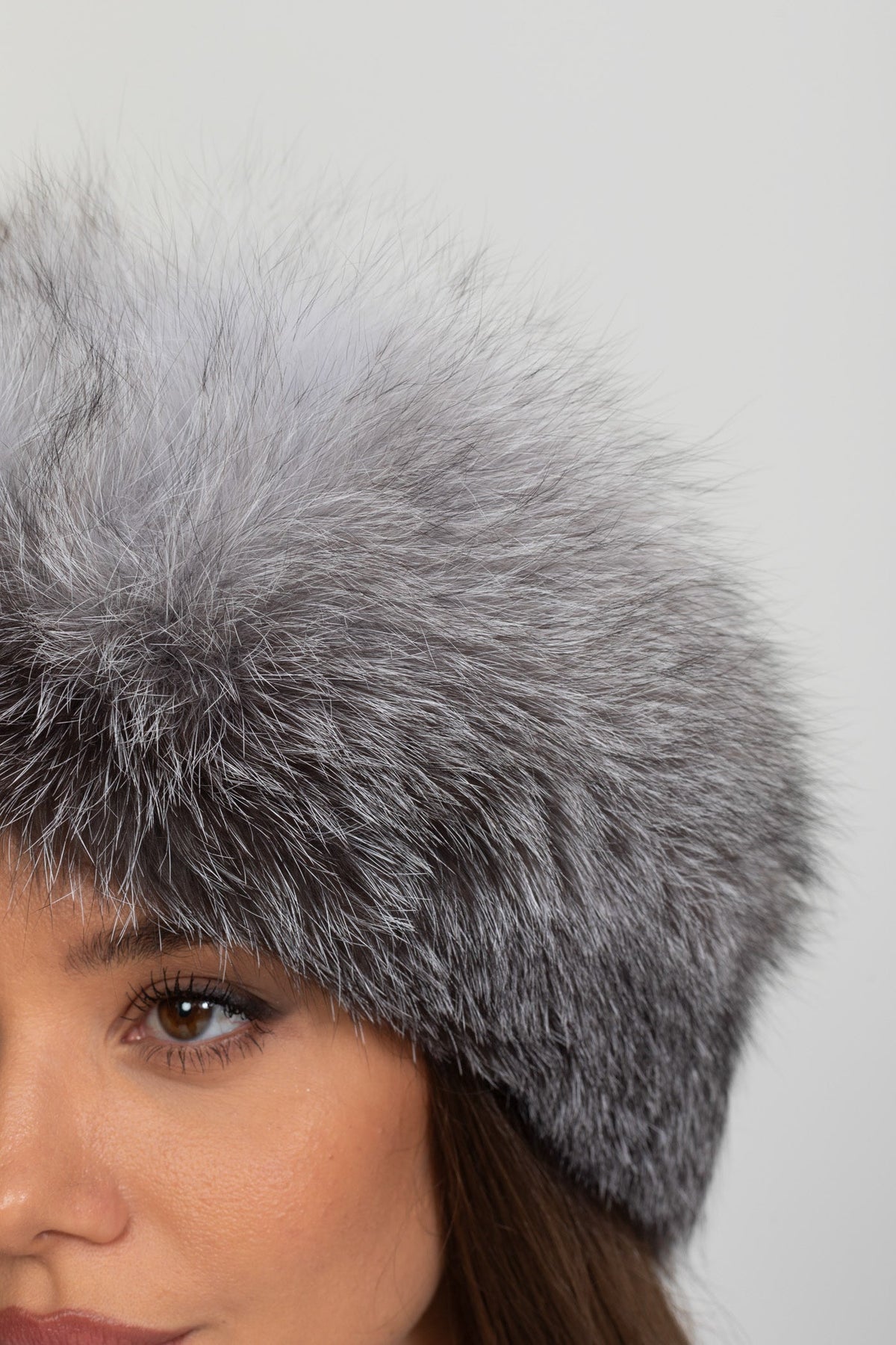 Real Fox Fur Trimmed Hat With Pom-Pom Ties – Grey Flowering Girl