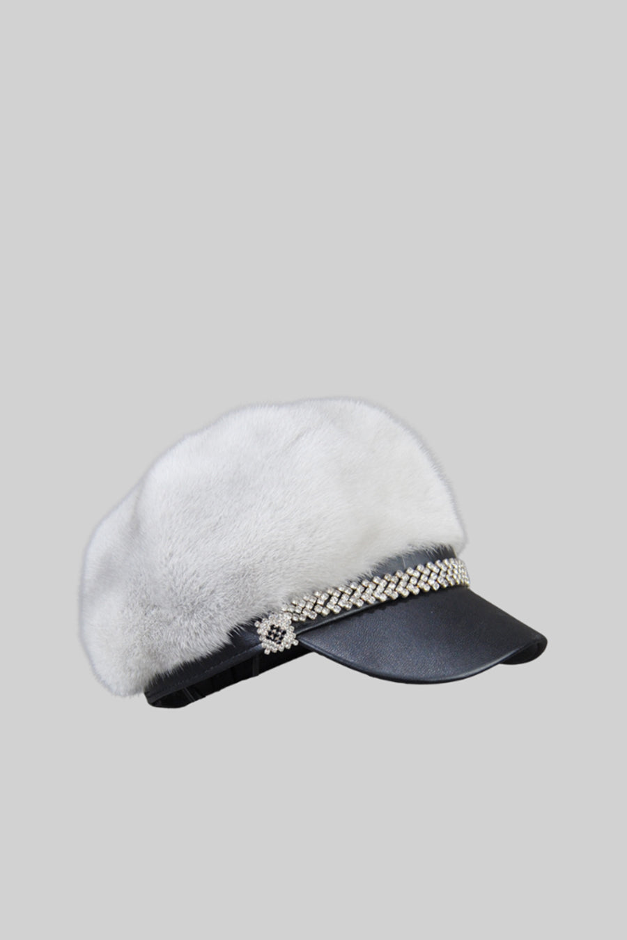 Mink Fur Hat With Leather Visor - White Flowering Girl