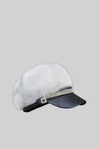 Mink Fur Hat With Leather Visor - White Flowering Girl